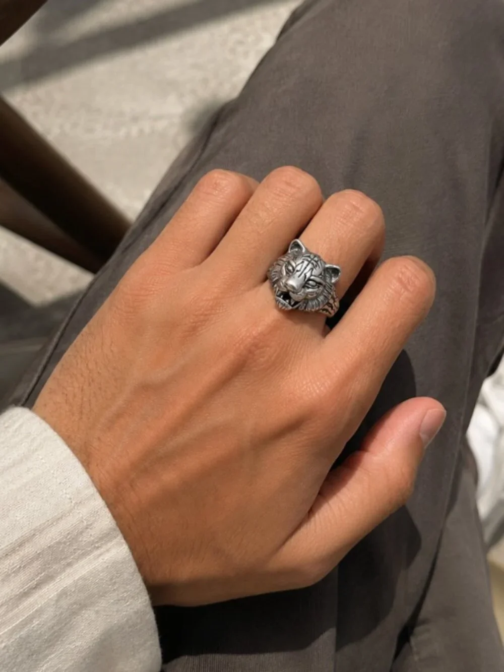 925 Sterling Silver Tiger Ring Mens Cool Chunky Ring Bold Thick Ring Unisex